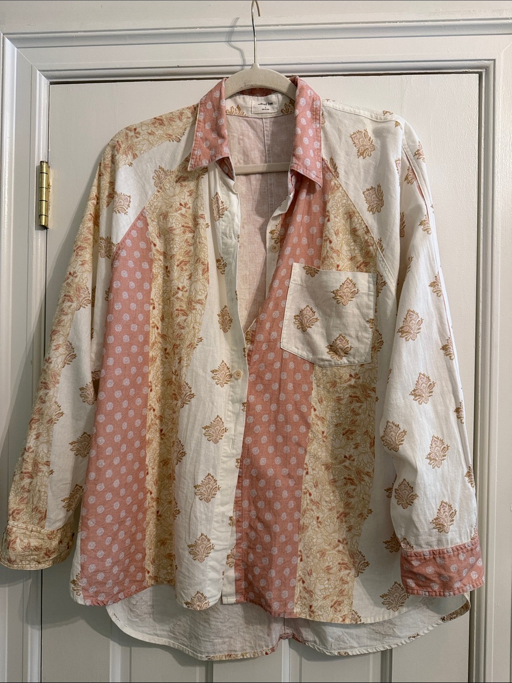 Aritzia Ivory and Dusty Rose Patchwork Oversized Boyfriend Button-Down Shirt